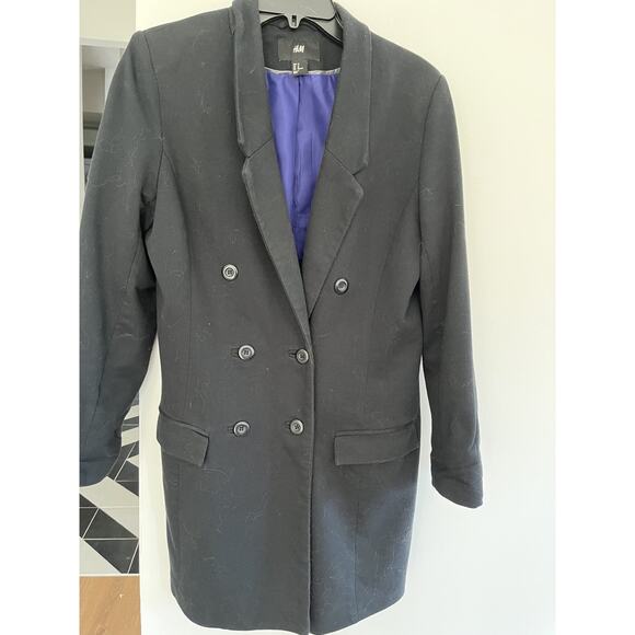 H&M Vtg Y2K Womens L Double Breasted Navy Long Blazer Jacket - Picture 1 of 5